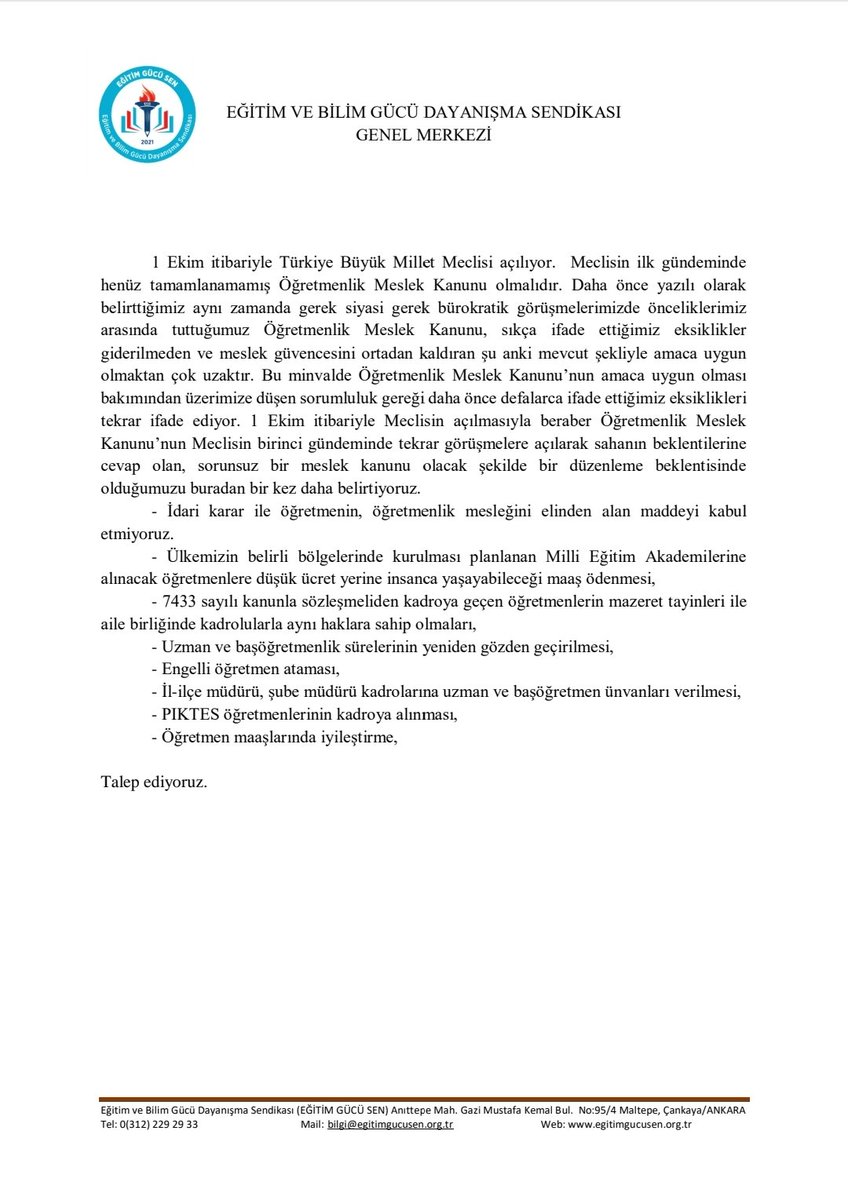 oguzozat's tweet photo. 1 Ekim itibari ile Türkiye Büyük Millet Meclisi açılıyor! Meclisin birinci gündeminde henüz tamamlanamamış Öğretmenlik Meslek Kanunu görüşmeleri olmalıdır. Meslek kanunu şu anki şekliyle sahanın beklentilerinden uzak, mesleki güvenceyi adeta tehdit eden unsurlar içermektedir! Daha önce amaca uygunluğu bakımından olması gereken bir meslek kanunu ile ilgili yazılı taleplerimiz, siyasi ve bürokratik görüşmelerimiz oldu. Bizler sorumluluğumuz gereği buradan sahanın beklentilerine cevap verecek bir meslek kanunu beklentisinde olduğumuzu ısrarla belirtiyor, taleplerimizi tekrar yineliyoruz.
👇👇👇
