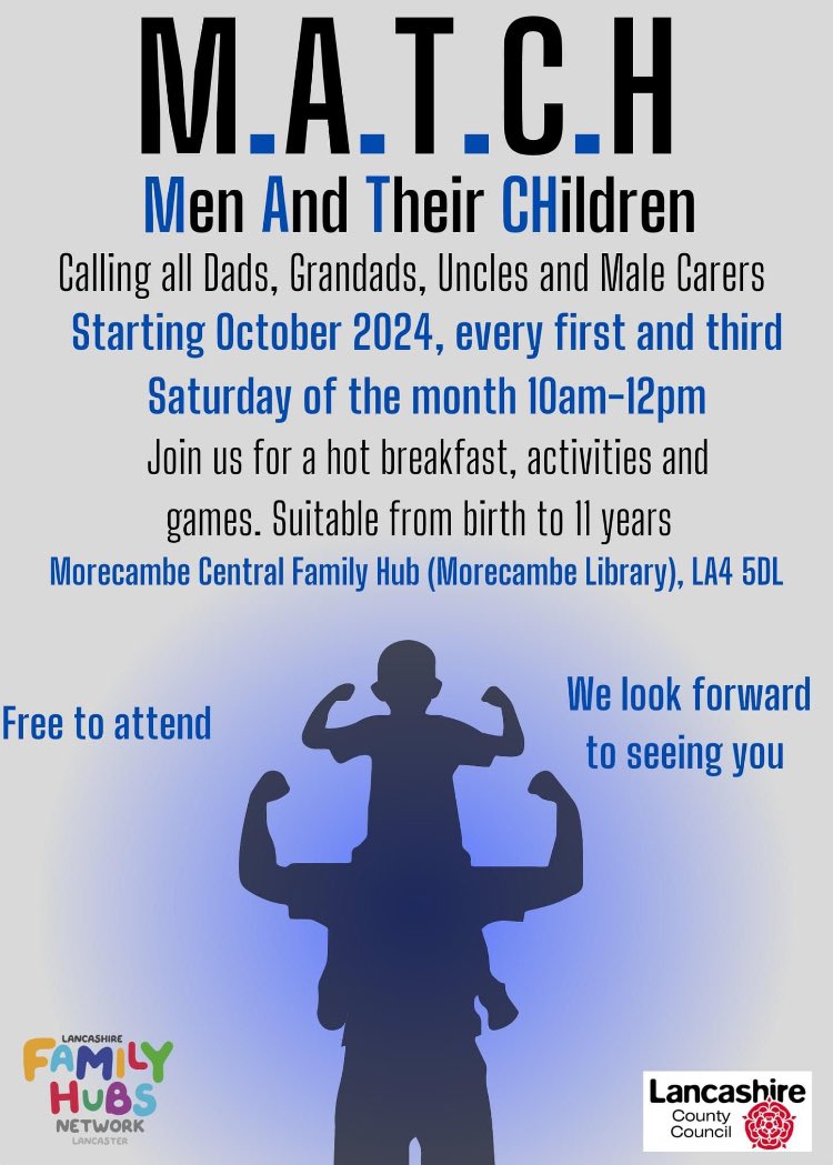 Men and their children.
Dads, Grandads. Uncles, Male carers.

No booking required, just turn up.  Refreshment &amp; hot breakfast provided. 
Activities for the children. Free to join 

⏰10am-12pm
📅 Every 1st &amp; 3rd Saturday. Starts October
📍Morecambe library