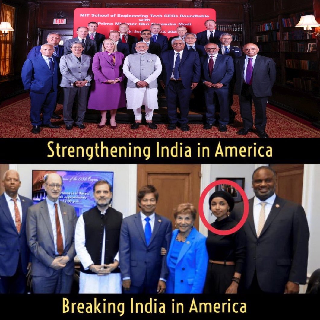 rishibagree's tweet photo. In USA 🇺🇸

PM Modi met
  - Sundar Pichai, CEO Google
  - Shantanu Narayen, CEO Adobe
  - Arvind Krishna, CEO IBM
  - Lisa Su, CEO AMD
  - Noubar Afeyan, CMD Moderna

Rahul Gandhi met :
 - Ilhan Omar,  Anti-India
 - George Soros NGO members 
 - Khalistanis supporters https://t.co/8io6wcbkp9