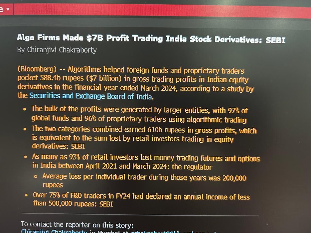 NileshShah68's tweet image. HFTs are eating retail for Breakfast, Lunch &amp;amp; Dinner

They made $ 7 billion Trading Profit in FY 24

With STT &amp;amp; Brokerage the retail losses will run even higher 

Trading is Injurious to the Financial Health of an Ordinary / (unlucky) Person.
