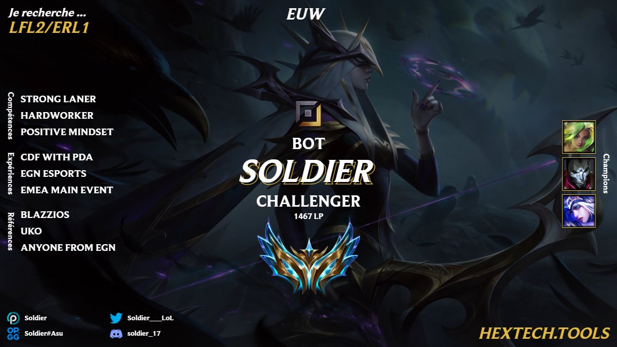 After the end of the French Cup, i'm now LFT for 2025 
1467 lp peak french LTR
VODs upon request 

Contact me via dm or contact my agent <a href="/LEC_Gliscor/">Javier Siverio | Gliscor</a>
References : <a href="/Blazzios/">Blazzios</a> <a href="/uk0gnas/">uko</a> or any people i worked with in EGN / for french cup 

Likes and RTs are appreciated !