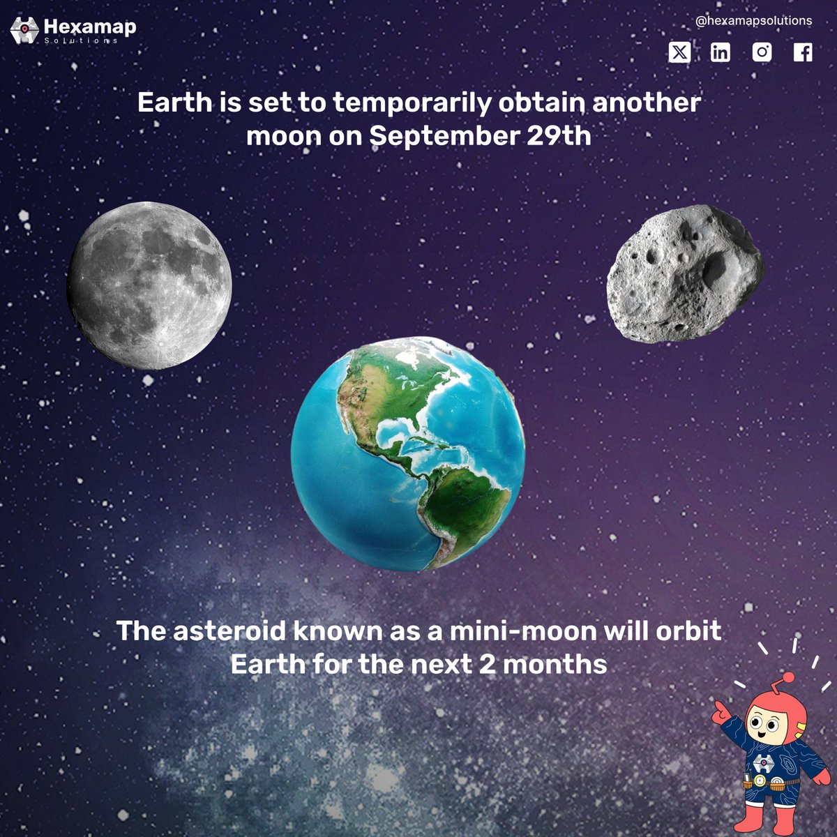 HexamapSolution's tweet photo. "Earth will temporarily gain a second moon, a mini-moon asteroid, orbiting from September 29th for the next two months."
.
#SpaceNews #MiniMoon #EarthOrbit #Astronomy #Asteroid #SpaceExploration #CosmicEvents #HexamapSolutions #ScienceNews #Stargazing https://t.co/rgVwQToMSn