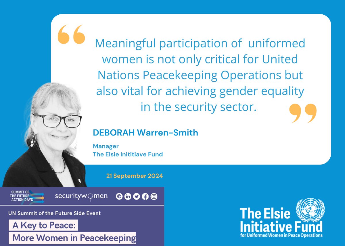 ElsieFund's tweet photo. "Meaningful participation of #uniformedwomen is not only critical for @UNPeacekeeping but also vital for achieving #genderequality in the security sector."

Manager @ElsieFund explained the importance of #uniformedwomen in peacekeeping at the Summit of the Future side event. https://t.co/aRAw20skX1