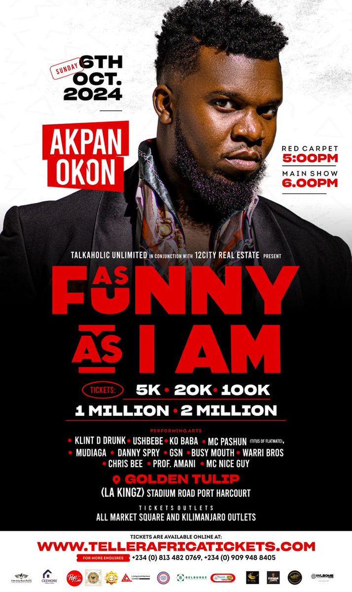 Undoubtedly one of the best comedy shows you'll get to experience this year in Port Harcourt.
You can't afford to miss it for anything.

🗓 6TH October 
 📍 Golden Tulip(LA Kings)
⏰️5PM
 🎟 5K 
 🎟 20K
🎟 100K
🎟 1M
🎟 2M

Get your tickets here.
tellerafricatickets.com/product/as-fun…