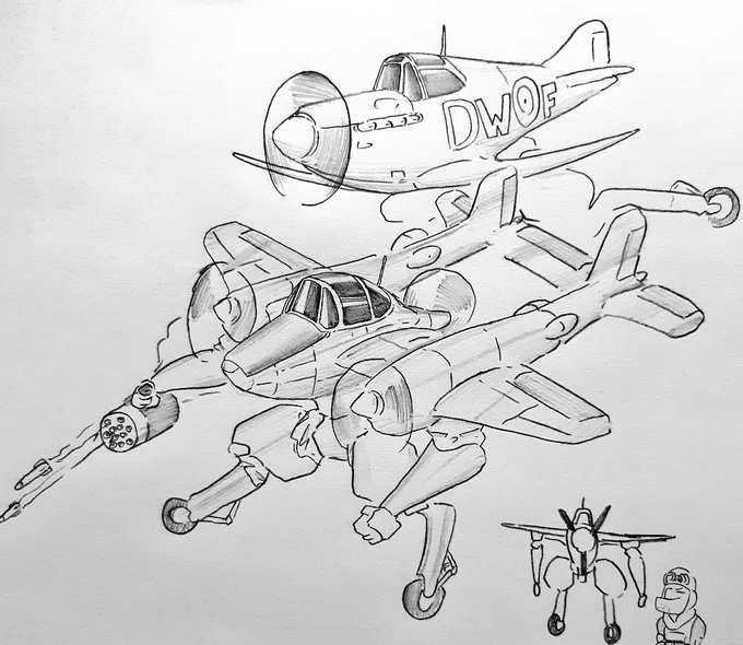 四肢の付いた航空機のラクガキ 