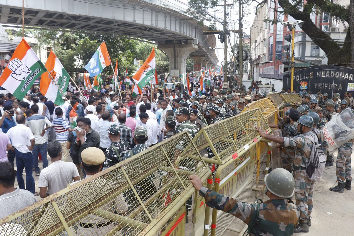 INCIndia's tweet photo. The @INCTripura held a massive protest led by PCC President @AsishSaha_INC ji, MLA @SudipRoyBarman1 ji, MLA Gopal Roy ji, MLA @BirajitSinhaINC ji and AICC Secy I/c Christopher Tilak ji condemning police inaction on rampant crimes, including murders, terrorism, and attacks on Opposition leaders.

📍 Tripura