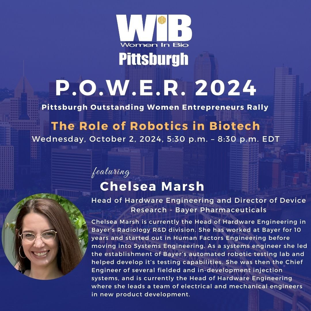 Meet our next P.O.W.E.R. 2024, Robotics in Biotech, speaker, Chelsea Marsh.  Chelsea is Head of Hardware Engineering and Director of Device Research at Bayer Pharmaceuticals.  Join us on Wednesday, Oct. 2. community.womeninbio.org/event/pittsbur…
We hope to see you there!