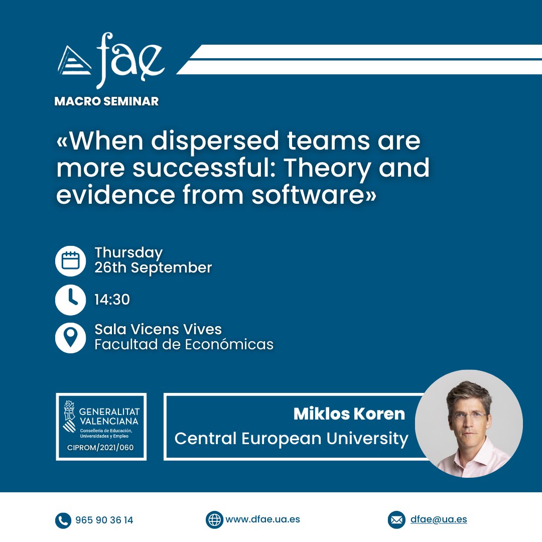 Departamento Fundamentos del Análisis Económico UA (@departamentofae) on Twitter photo 👉 A new macro seminar is scheduled for this week.
📅🕒 Thursday, 26th September 2024 at 14:30h.
📍 Place: Sala Vicens Vives
🎙 Miklos Koren (<a href="/korenmiklos/">Miklos Koren</a>), from Central European University (<a href="/ceu/">Central European University</a>) 👉 A new macro seminar is scheduled for this week.
📅🕒 Thursday, 26th September 2024 at 14:30h.
📍 Place: Sala Vicens Vives
🎙 Miklos Koren (<a href="/korenmiklos/">Miklos Koren</a>), from Central European University (<a href="/ceu/">Central European University</a>)