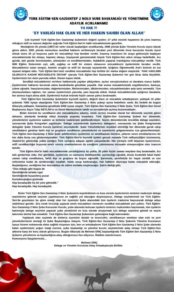 🇹🇷Gücümüzü sendikacılığın kutup yıldızı Türk Eğitim-Sen'in güven veren geçmişinden ve gururla" İyi ki Türk Eğitim-Sen'liyim" diyen üyelerimizden alarak:
🇹🇷Türk Eğitim Sen Gaziantep 2 Nolu Şube Yönetimine Adaylık açıklaması yapan Mehmet Dinç 'in Adaylığına desteğimi bildiriyorum.