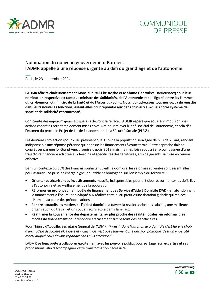 📣[ communiqué #admr ] Nomination du nouveau gouvernement Barnier : nous appelons à une réponse urgente au défi du #GrandÂge et de l’ #autonomie
<a href="/christophe_p/">Paul CHRISTOPHE</a>  <a href="/gdarrieussecq/">Geneviève Darrieussecq</a> 
👉bit.ly/cp-admr_nouvea…