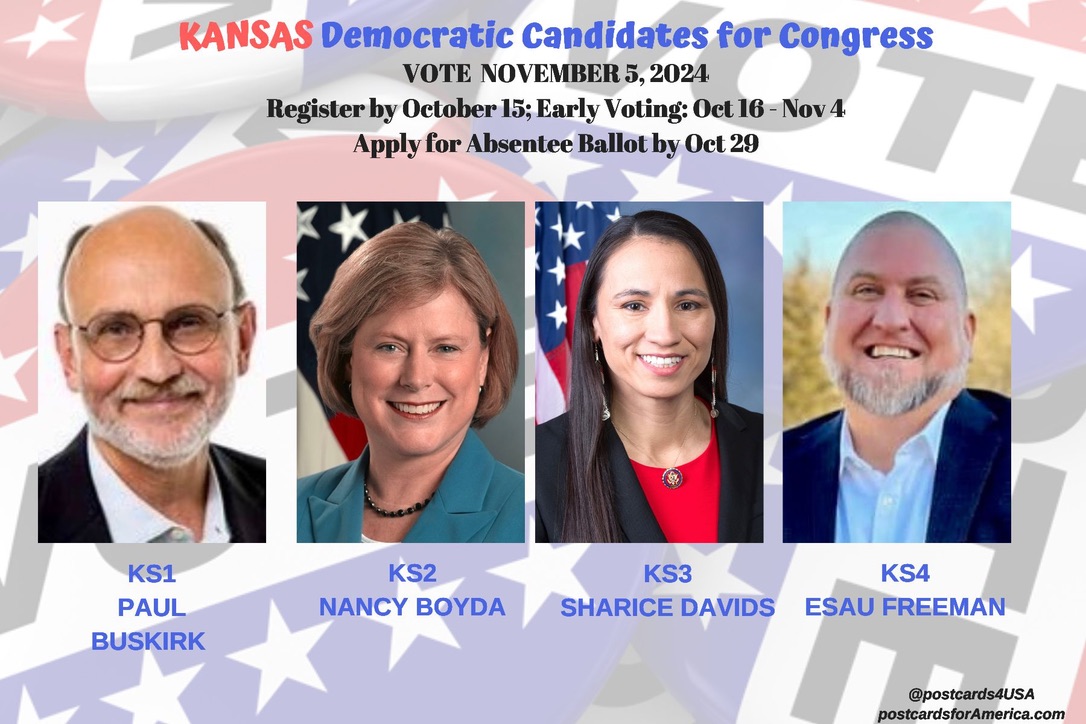postcards4USA's tweet photo. KANSAS DEMOCRATIC CANDIDATES
Follow & Support!
#TakeBackTheHouse
#KS1 PAUL BUSKIRK @PaulBuskirk
#KS2 NANCY BOYDA https://t.co/k8cVY35Jgi
#KS3 SHARICE DAVIDS @ShariceDavids
#KS4 ESAU FREEMAN @freeman4kansas
#AllDemsRunning #GOTV #PostcardsforAmerica
https://t.co/lmwGXRz2dH https://t.co/FBDf64swxO