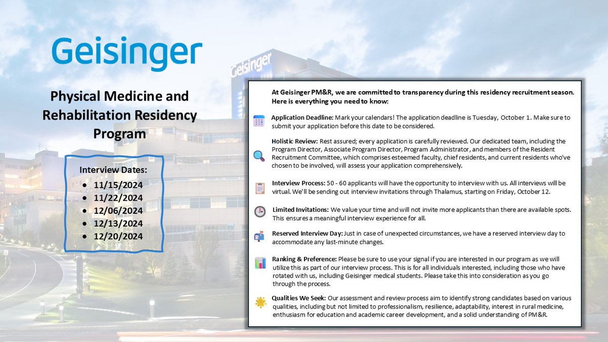 What is to come...
📢 📣 🎉
We are excited to enter another interview season. Check in for more updates and mark your calendars. Here is our commitment to you and the process!
#residencyrecruitment #pmr #aapmr #geisingergme #physiatry #aaphysiatry #match2025 #pmrresidency