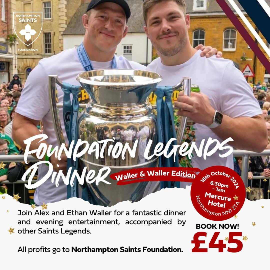 Join Alex and Ethan Waller for a fantastic dinner and evening entertainment, accompanied by other Saints Legends. 🥂

For more information and to purchase tickets, please visit here: eventbrite.co.uk/e/foundation-l…

#northamptonsaintsfoundation