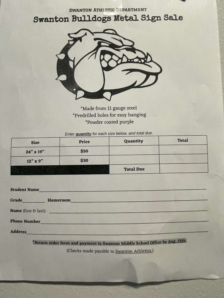 Chris Lake (@swanton_supt) on Twitter photo The Swanton Athletic Department is selling these steel powder coated Bulldog cutouts. The larger ones are $50 and the small are $30. If interested please contact our AD at Wade.Haselman@swantonschools.org The Swanton Athletic Department is selling these steel powder coated Bulldog cutouts. The larger ones are $50 and the small are $30. If interested please contact our AD at Wade.Haselman@swantonschools.org