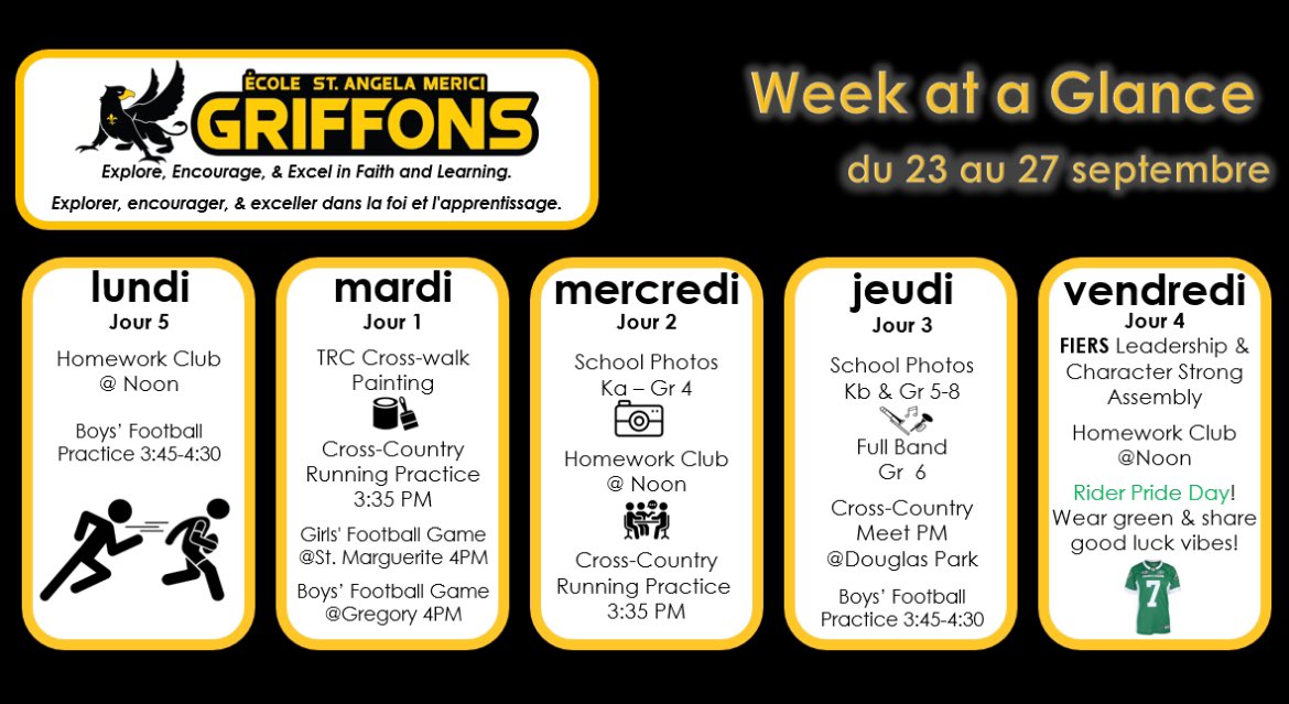 Hello Griffon families! This week we have school photos, football, cross country, Rider Pride Day, and our FIER Leadership assembly. We are also honoured to take part in the RCSD TRC crosswalk project!