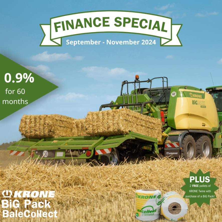 From September through November, you can finance a KRONE BiG Pack at 0.9% for 60 months! We’ll also add two FREE pallets of KRONE Twine with your purchase. Visit (your dealer) today to learn more!