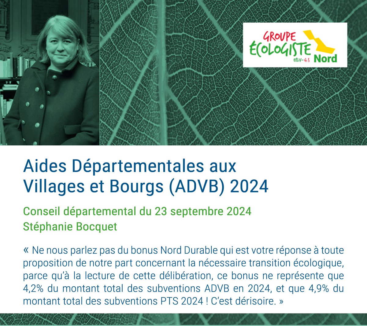 [Aide Départementale aux Villages et Bourgs 2024]
Le groupe <a href="/EcoloNord/">Groupe Écologiste EÉLV-G.s au Département du Nord</a> propose de concentrer nos aides aux communes sur les projets participant à la transition écologique et solidaire, et notamment à l’adaptation de notre territoire aux effets du changement climatique.

1/3