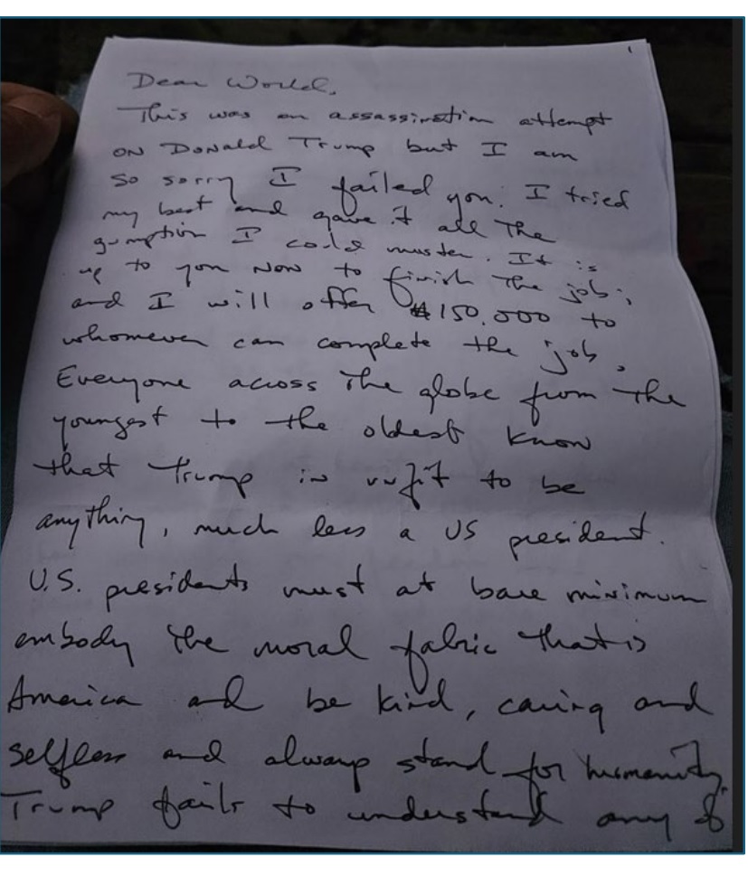 BreannaMorello's tweet photo. Ryan Routh failed to assassinate President Donald Trump.

Routh is now offering a $150,000 bounty for whomever kills President Trump.

The DOJ released the letter.

Why would the DOJ publicly release this letter?

I have an idea--they're all in on it.

They all want him dead.

Btw, the FBI won't release the Nashville manifesto due to public safety concerns.

(Credit: @MacFarlaneNews)