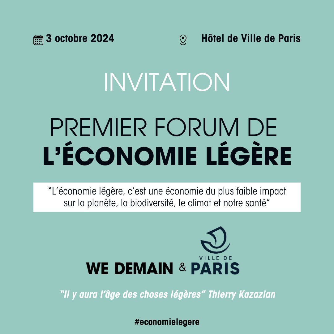Découvrez le premier Forum de l’Économie Légère ! Comment repenser notre économie durablement ? 👉 Programme complet : wedemain.fr/ralentir/forum…

🗓️ 3 octobre 2024
📍 Hôtel de Ville de Paris

Inscription gratuite : eventbrite.fr/e/billets-foru…

#économielégère #économie #écologie