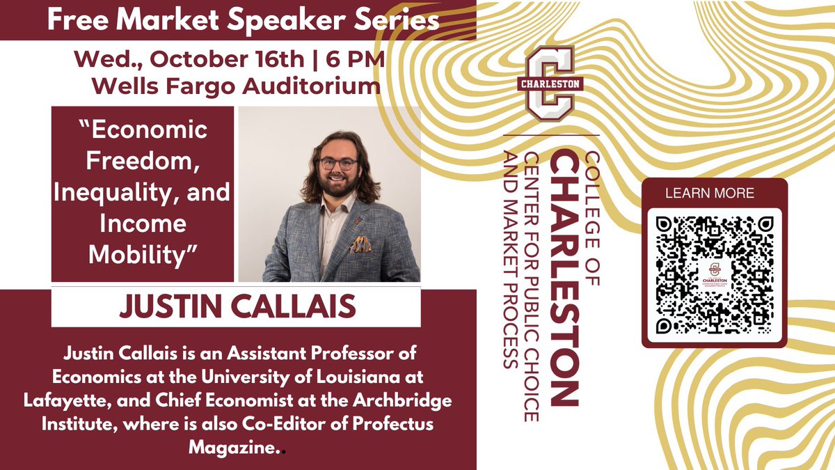 CPM_CofC's tweet photo. Justin Callais is coming to CHS! Mark your calendars for Wed., October 16th at 6 PM. Join us to hear all about "Economic Freedom, Inequality, and Income Mobility." Don't miss this awesome Free Market Speaker Series event!! #economicfreedom #incomemobility #greatstuff https://t.co/FX4fYyqKse