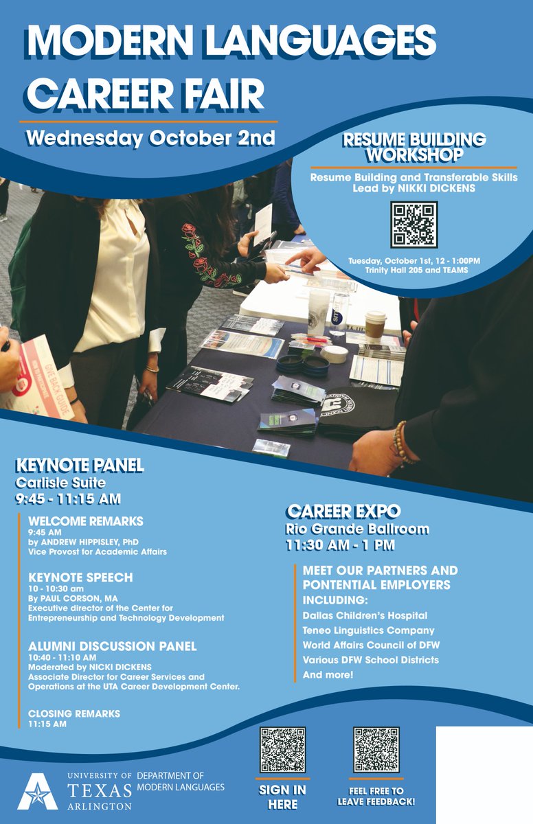 Mark your calendar for the Modern Languages Career Fair! Stop by to learn about the career opportunities available for you.

October 2 from 9:00 am to 1:00 pm in Carlisle Suite and Rio Grande Ballroom. 

See you there!