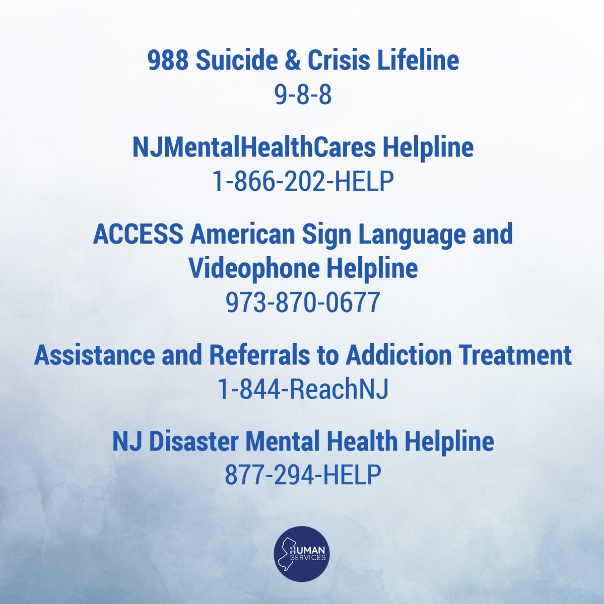 NJDHS's tweet photo. 📲 Help is available!
@NJDHS’ Division of Mental Health and Addiction Services connects you to multiple hotlines &amp; helplines which provide phone help, counseling, crisis intervention, addiction support and resources to individuals needing emergency assistance. https://t.co/WK9ouN8hmF