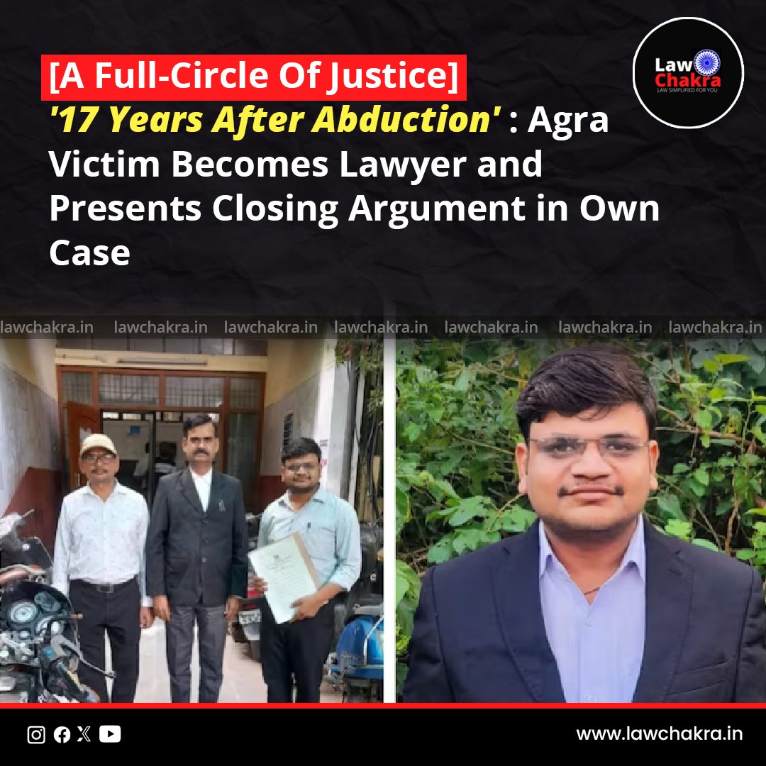 LawChakra's tweet photo. Harsh Garg, abducted as a child in 2007 in Agra, grew up to become a lawyer and presented the closing arguments in his own kidnapping case 17 years later.
#Prosecution #Kidnapping #Justice 
Read more : https://t.co/MWIBGa0WYv https://t.co/bhgBLs7G05
