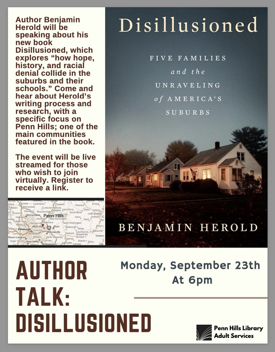 Tonight! 

I'm returning to my hometown in suburban Pittsburgh to discuss #DISILLUSIONED and the messes we leave behind. 

Huge thanks to Penn Hills &amp; Monroeville Libraries for hosting. 

Details below, register to receive the livestream link:

pennhills.librarycalendar.com/event/virtual-…