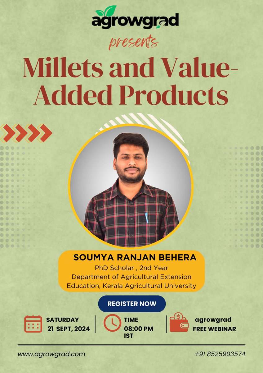 agrowgrad's tweet photo. Millets are making a comeback! 

Missed our latest webinar? No worries! Catch the replay with expert insights from PhD Scholar Soumya Ranjan Behera on turning millets into value-added products.

🎥 Watch here: https://t.co/0EDM72fVgL

#MilletRevolution #agrowgrad https://t.co/b2yrnIMnFI