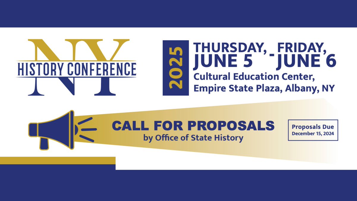 Final week to submit your proposal to #NYHC25! Share the history, culture, economy, politics, geography, anthropology, archaeology of #NYS this spring. Learn more and submit by 12/15: forms.office.com/r/GWz83CrxG3 

@NYSHistorian <a href="/Marist/">Marist University</a> <a href="/SUNY_Oneonta/">SUNY Oneonta</a> <a href="/GroverTeacher/">Rich Pyszczek ⚓️</a> <a href="/CoopGradProgram/">Cooperstown Graduate Program</a>