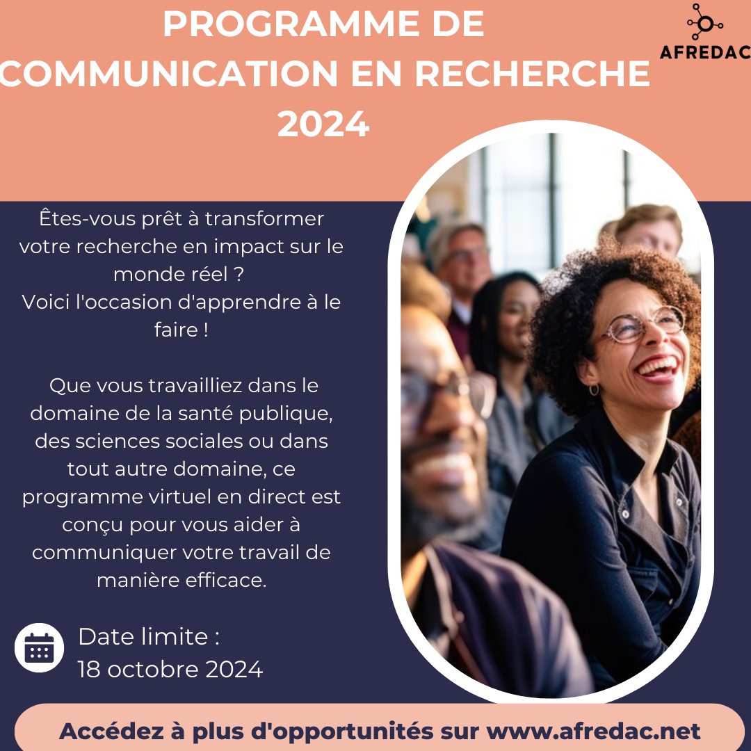 afredac's tweet image. Ready to level up your research game?

Join the Research Communication Program 2024 and learn how to turn your research into real-world change. 🚀

📅 Application Deadline: 18 Oct 2024

🔗 For more information and to apply, visit afredac.net/news-feed/p/15…

#Afredac #ResearchProgram