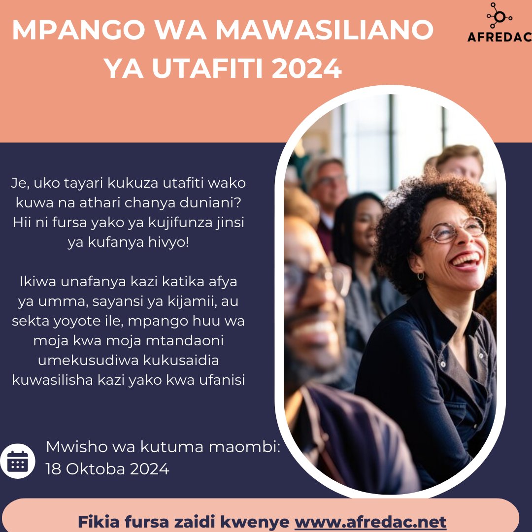 afredac's tweet image. Ready to level up your research game?

Join the Research Communication Program 2024 and learn how to turn your research into real-world change. 🚀

📅 Application Deadline: 18 Oct 2024

🔗 For more information and to apply, visit afredac.net/news-feed/p/15…

#Afredac #ResearchProgram