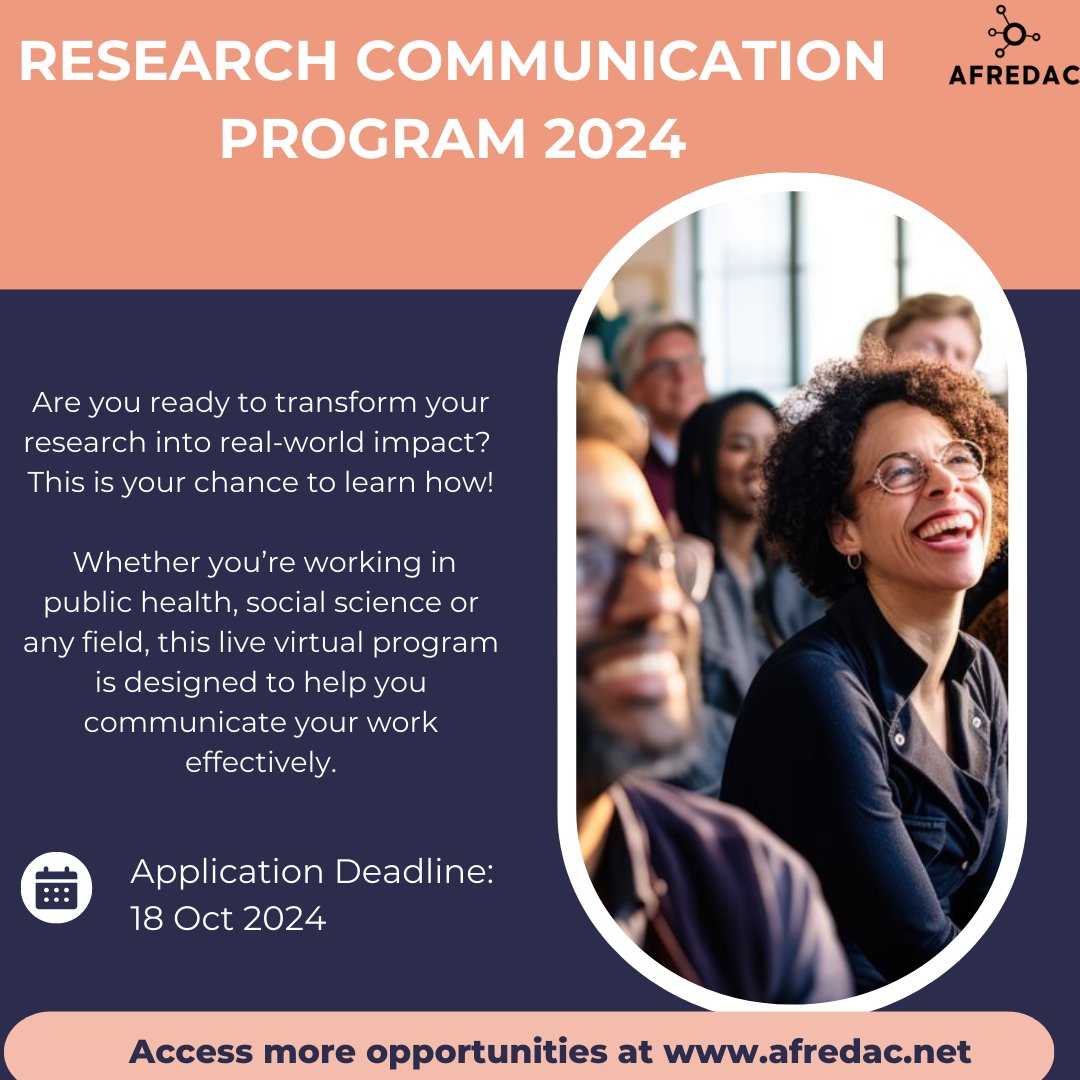 afredac's tweet image. Ready to level up your research game?

Join the Research Communication Program 2024 and learn how to turn your research into real-world change. 🚀

📅 Application Deadline: 18 Oct 2024

🔗 For more information and to apply, visit afredac.net/news-feed/p/15…

#Afredac #ResearchProgram