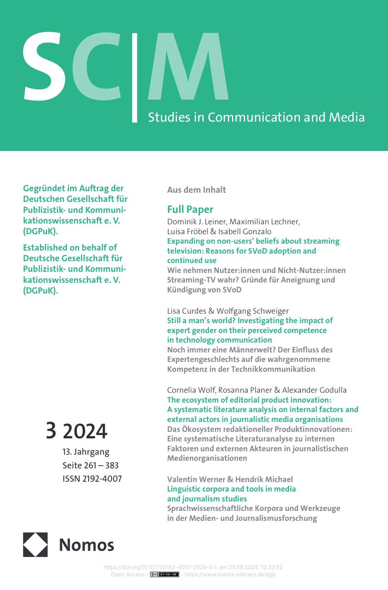 ✨New issue out now✨ #SCM 3/2024 offers contributions on #StreamingTelevision, perceived #competence in technology communication, editorial product #innovation in journalistic media organizations, and #CorpusLinguistics. doi.org/10.5771/2192-4…