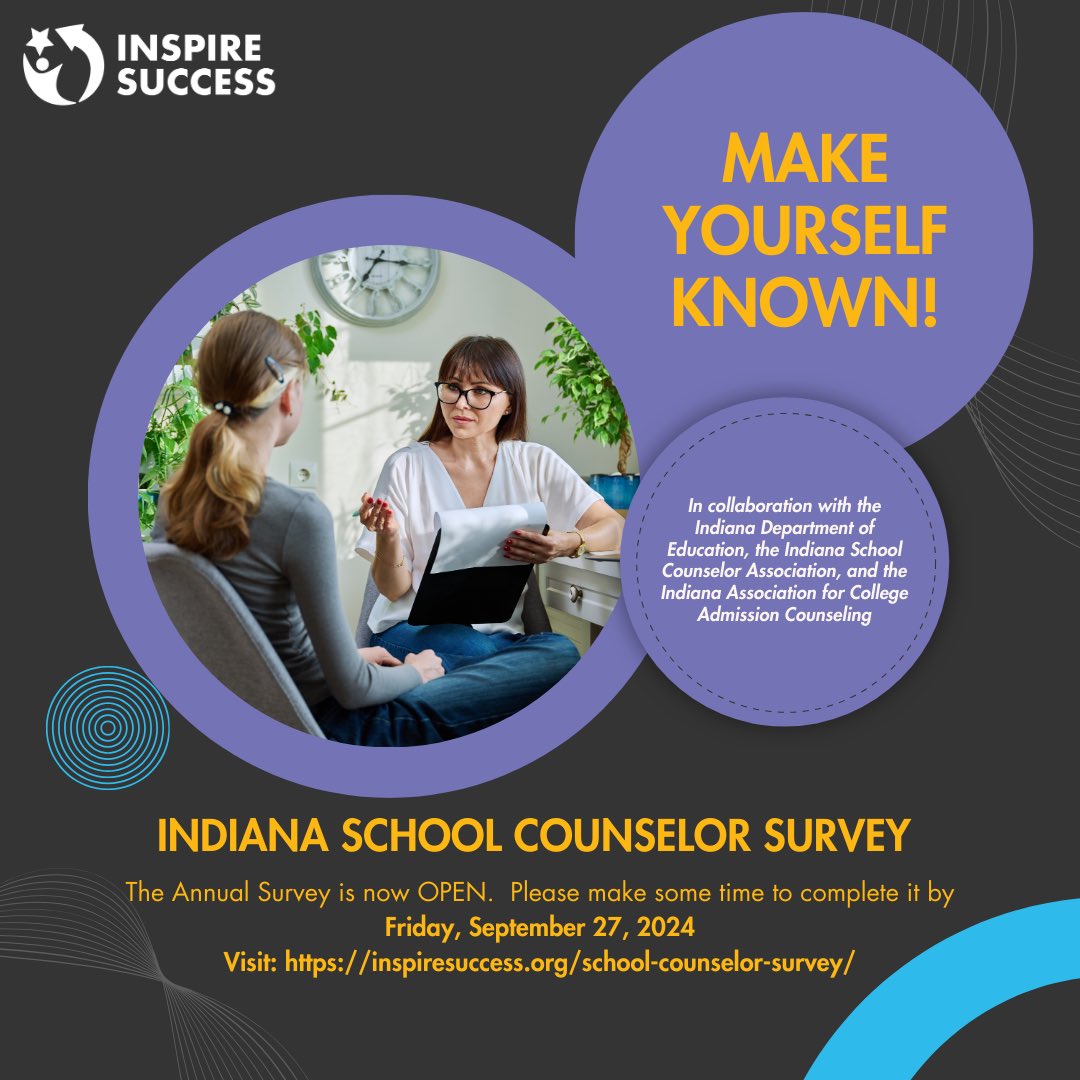 Last call!  We would love to hear from Indiana School Counselors via our annual survey!  Please take a few minutes and visit inspiresuccess.org/school-counsel…