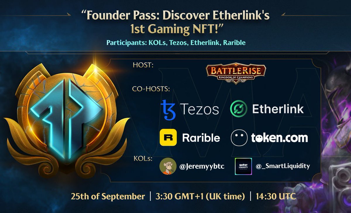 🚨 This Week 🚨

Join <a href="/tezos/">Tezos</a>, <a href="/etherlink/">Etherlink 🔗</a>, <a href="/rarible/">Rarible</a>, <a href="/tokencom_/">token.com</a>, &amp; <a href="/BattleRiseGame/">BattleRise: Kingdom of Champions</a> for an exclusive deep dive into the BR NFT launch!

With special guests:
🔹 <a href="/Jeremyybtc/">Jeremy</a>
🔹<a href="/_SmartLiquidity/">𝐒𝐦𝐚𝐫𝐭 𝐋𝐢𝐪𝐮𝐢𝐝𝐢𝐭𝐲</a>

(1/2)