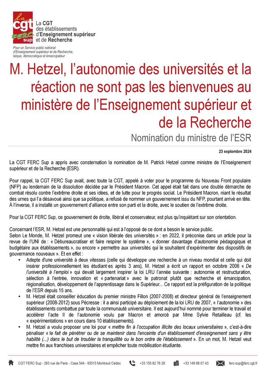 CgtFercSup's tweet photo. 🔴 Communiqué- M. Hetzel, l’autonomie des universités et la réaction ne sont pas les bienvenues au ministère de l’ESR
https://t.co/27rGNqSpmc
Consternation : université à  deux vitesses, sélection, autonomie, starts-ups, criminalisation des  actions, chasse aux  islamo-gauchistes https://t.co/7EjKYtapJS
