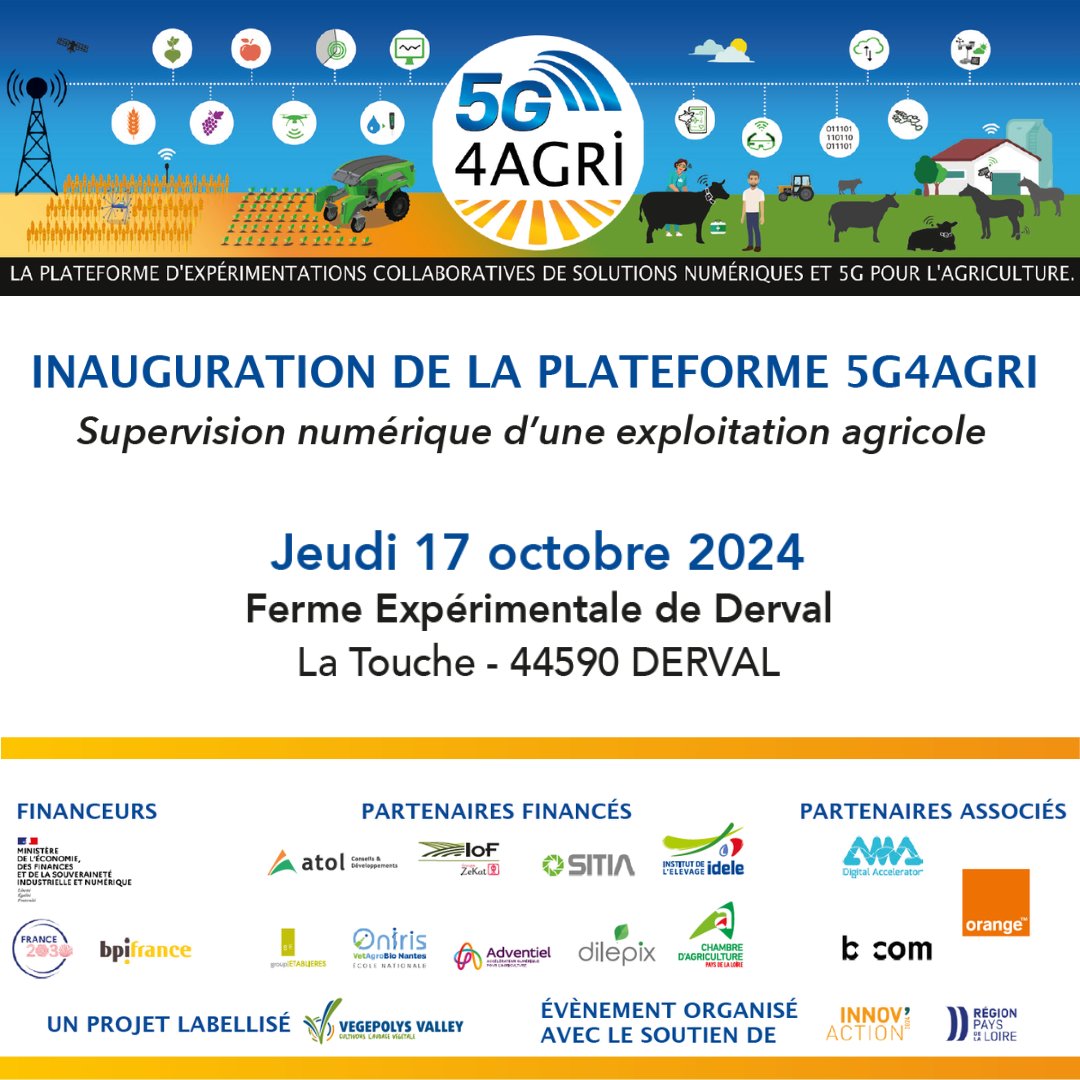 Agenda 📅 | Inauguration de la plateforme #5G4AGRI
📌 Découvrez la plateforme d’#expérimentations collaboratives de solutions #numériques &amp; 5G pour l’#agriculture
✅ 17 oct
Avec la présence de nos collègues <a href="/Idele_CEB/">Idele - Capteurs-Equipements-Bâtiments</a> 
ℹ️ Pour en savoir + : …s-de-la-loire.chambres-agriculture.fr/numerique-tran…
<a href="/ChambagriPdL/">Chambres agri PdL</a>
