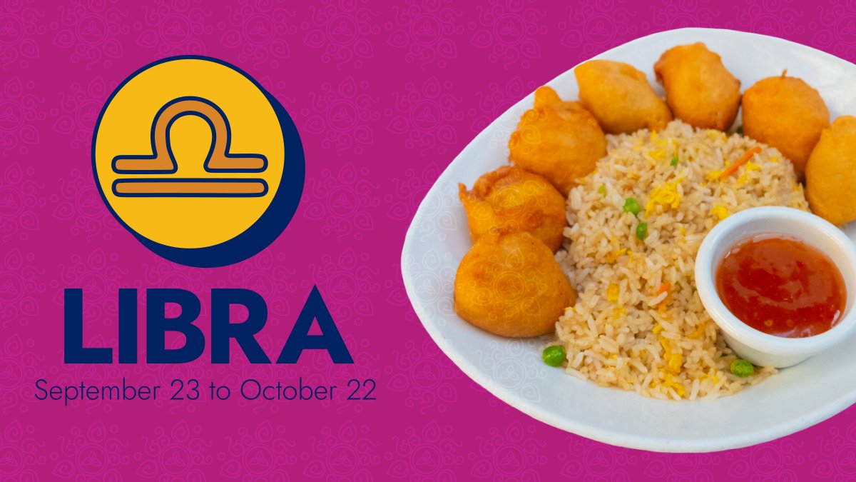 This month #Libra, 💫 the stars align 💫 to bring balance and harmony to your life. You might find yourself weighing options and making decisions with ease. Your social charm will be off the charts! Lucky Dish: Chicken Ball Fried Rice. #horoscope #astrology #libraseason
