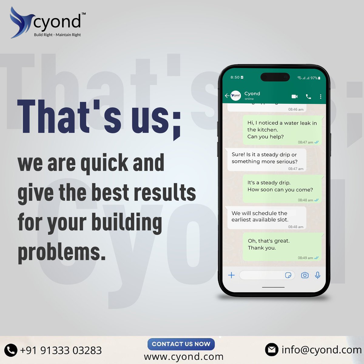 CYOND1's tweet image. We’re fast and deliver the best solutions for your building problems! Trust Cyond for quick, reliable results
.
.
.
#cyond #quicksolutions #reliableresults #buildingproblemsolved #fastandtrusted #expertrepairs #handywork #trusttheexperts #buildingmaintenance #solutionsdelivered