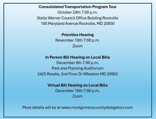 Each fall, the Montgomery County General Assembly holds a few pre-legislative session meetings. This fall’s schedule is below.