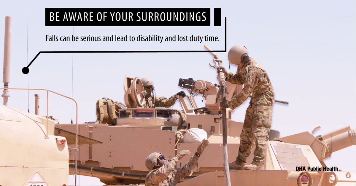 Falls can happen anywhere and at any time! Common fall-related activities include:
-Icy and snowy conditions
-Entering or exiting vehicles
-Sports
-Parachuting
Learn more about how you can prevent falls. 
ph.health.mil/topics/discond… 

#FallPreventionWeek #DefensePublicHealth