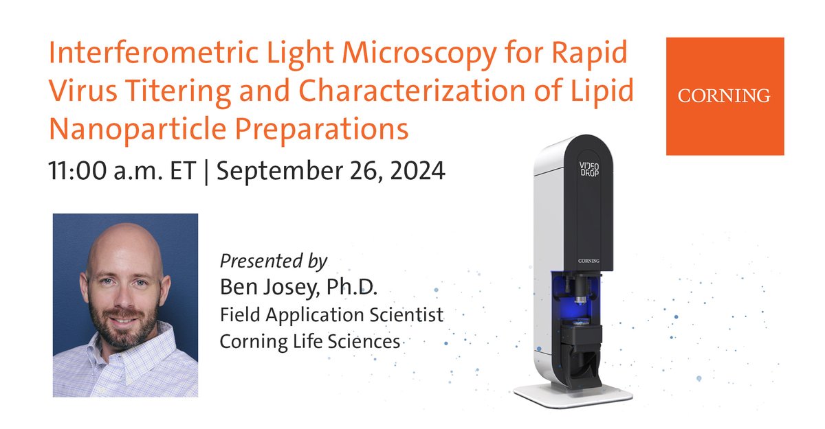Join us on September 26th at 11:00 a.m. for Interferometric Light Microscopy for Rapid Virus Titering and Characterization of Lipid Nanoparticle Preparations with Dr. Ben Josey, Field Application Scientist at Corning Life Sciences.

Register now: ms.spr.ly/6019mbiB7