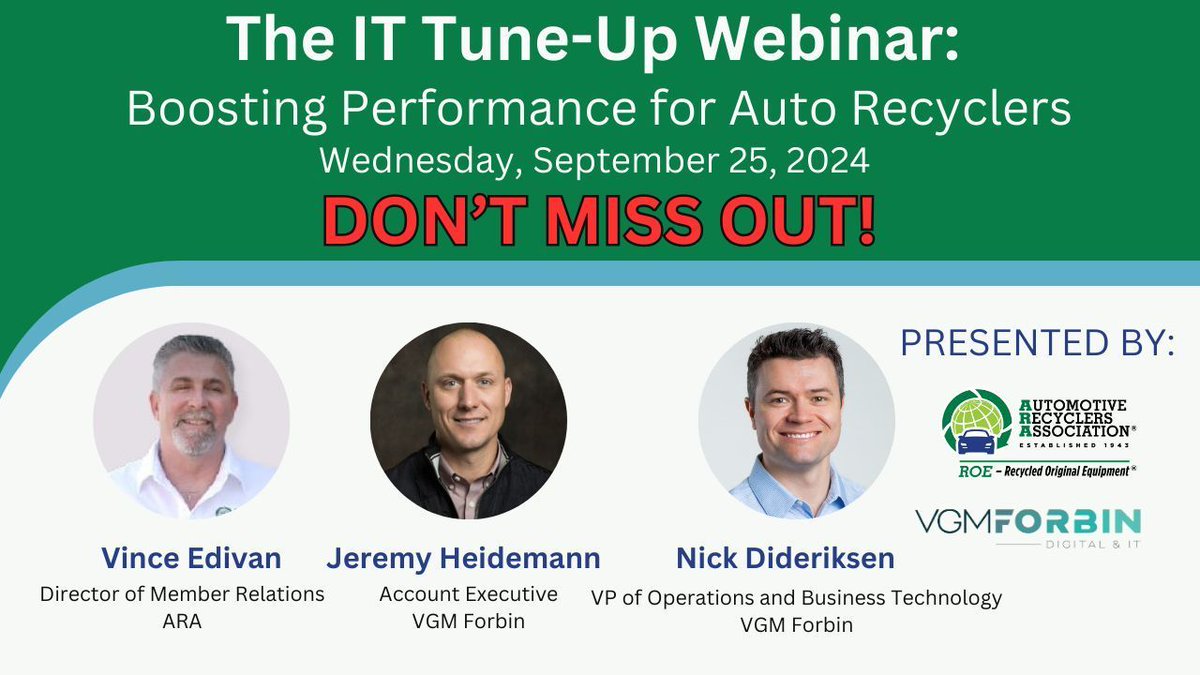 Join us for our Q&amp;A webinar on IT Maintenance for Automotive Recyclers this Wednesday at 1:00 P.M. EST! Learn how to streamline your operations, boost efficiency, and keep your systems running smoothly. Don’t miss out on expert insights and practical tips! buff.ly/3zscn2y