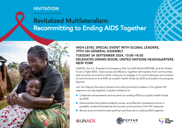 UNAIDS's tweet photo. 🔔 Our #UNGA79 special event 'Revitalized Multilateralism: Recommitting to Ending AIDS Together' w/ @PEPFAR &amp; @GlobalFund is tomorrow! 

The event will showcase the global HIV response as a model of multilateralism &amp; renew commitments to #endAIDS.

▶️ https://t.co/5WtCrvXBSn https://t.co/08HjnMXMCx