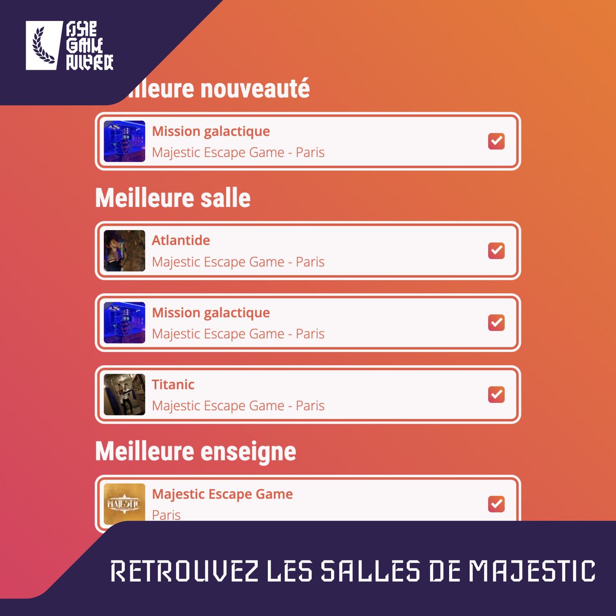 [Escape Game Awards] Les votes sont ouverts ! 🗳️

Soutenez Majestic Escape Game et votez pour Mission Galactique, Titanic, Atlantide ou Oggy prisonnier du temps. 

Notre aventure Mission Galactique est nommée dans la catégorie Meilleure Nouveauté ! 🤩

→ escapegameawards.fr