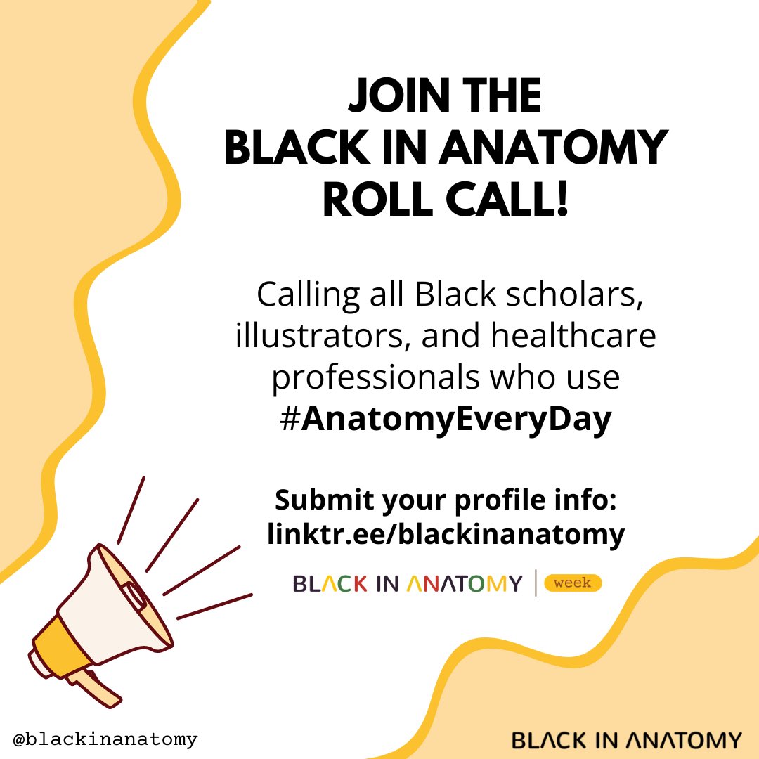 Calling all Black scholars, illustrators, and healthcare professionals who use #AnatomyEveryDay to be featured in our Roll Call! 

Monday October 14 is the 2024 #BlackinAnatRollCall.

Submit your profile information by October 4 at linktr.ee/blackinanatomy

#BlackinAnatWeek