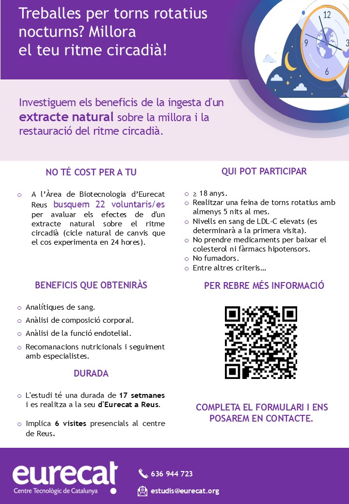 Nou #estudiclínic 👩‍⚕️:
Estem buscant voluntaris que facin torns rotatius amb al mes 5 nits al mes per avaluar l'efecte d'un #extractenatural sobre el #ritmecircadià! ⏰ 
Apunta't! #Eurecat #EurecatReus