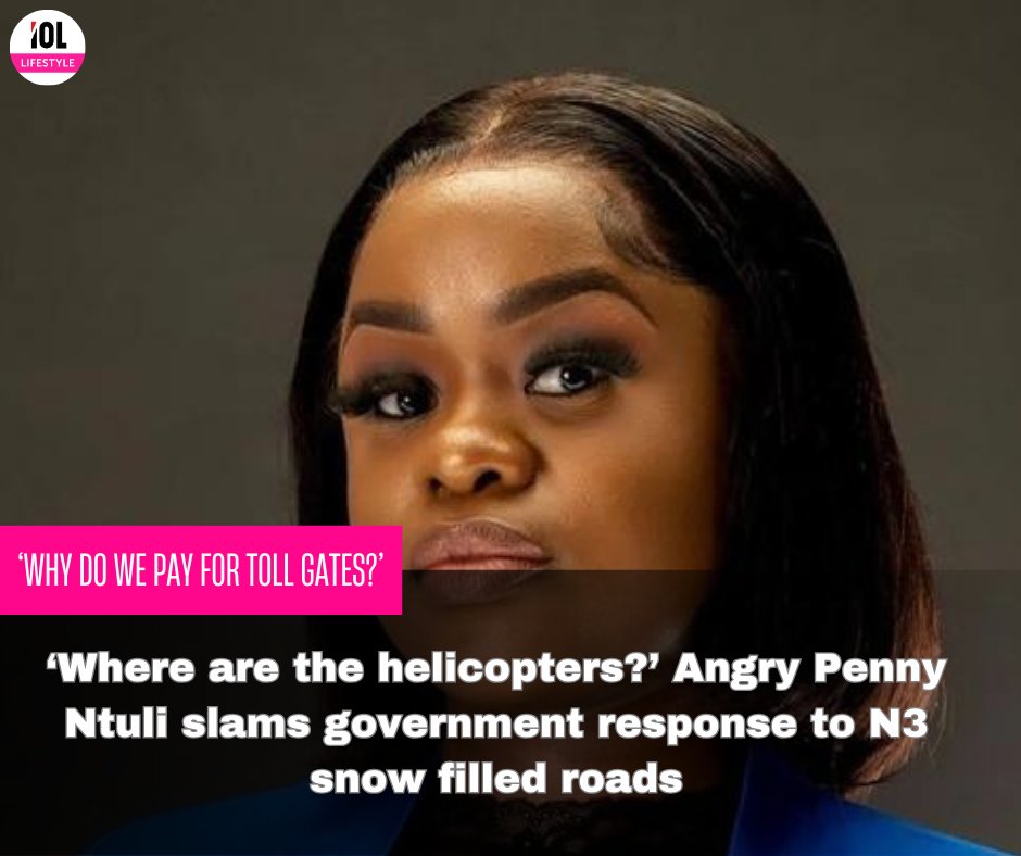IOL_Lifestyle's tweet image. Jozi FM presenter Penny Ntuli has lashed out at the response by authorities after thousands of motorists were stuck on the snow covered roads on the N3 highway.
iol.co.za/entertainment/…
#presenter #PennyNtuli #poorresponse #authorities #snow #N3  #SANRAL