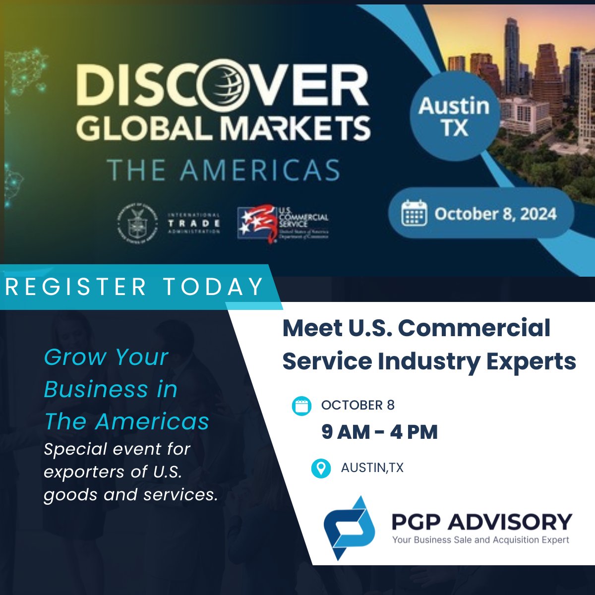 Please join the Texas Camino Real District Export Council and the US Commercial Service for the Discover Opportunities in the Americas on October 8th in Austin, TX. Register today at ow.ly/tvgu50TpIlx

#SanAntonioManufacturersAssociation #SAMA #PGPAdvisory